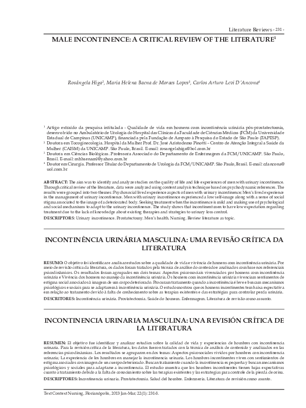 (PDF) Male incontinence: a critical review of the literature
