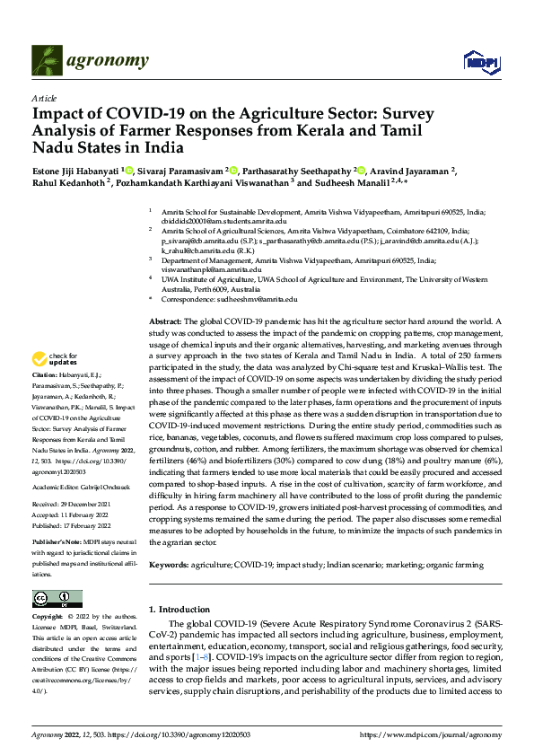 (PDF) Impact of COVID-19 on the Agriculture Sector: Survey Analysis of ...