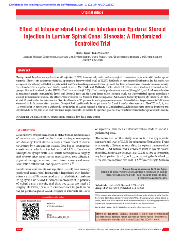 (PDF) Effect of Intervertebral Level on Interlaminar Epidural Steroid