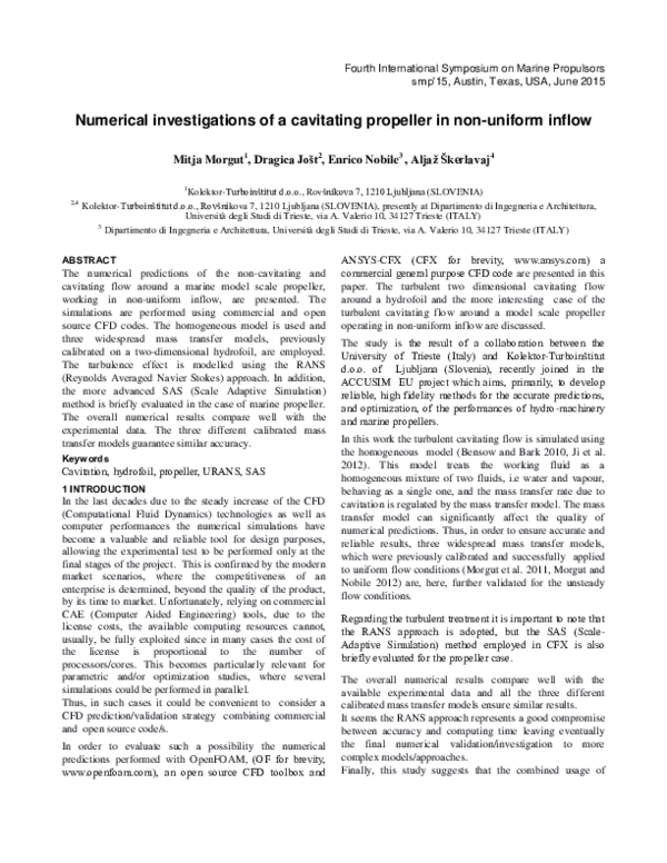 (PDF) Numerical investigations of a cavitating propeller in non-uniform ...