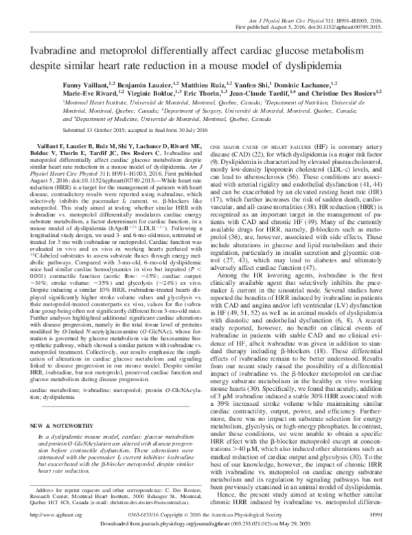 (PDF) Ivabradine and metoprolol differentially affect cardiac glucose metabolism despite similar