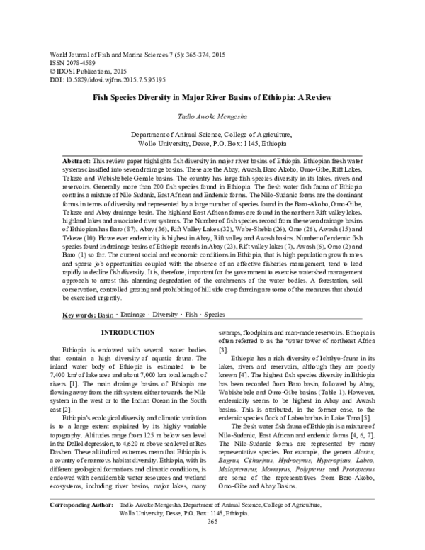 (PDF) Fish Species Diversity in Major River Basins of Ethiopia: A Review