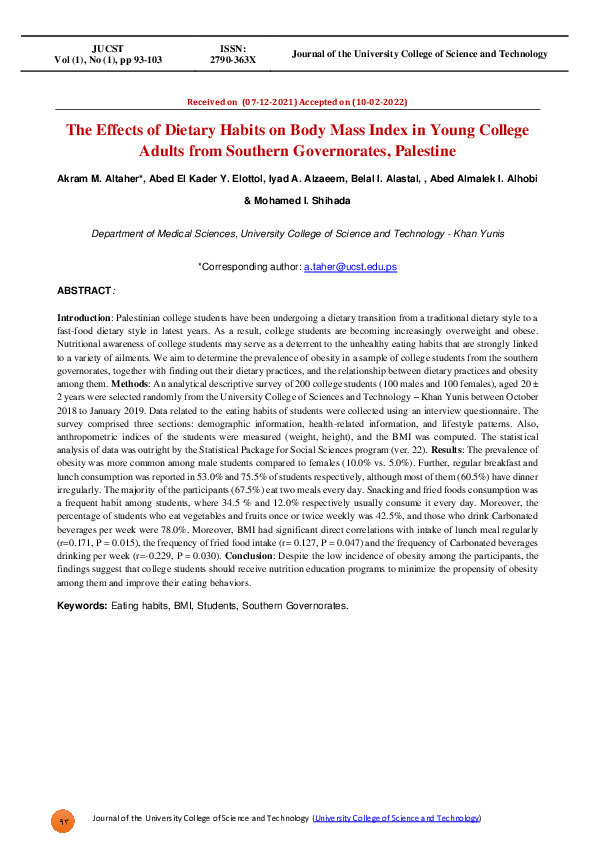 (PDF) The Effects of Dietary Habits on Body Mass Index in Young College ...