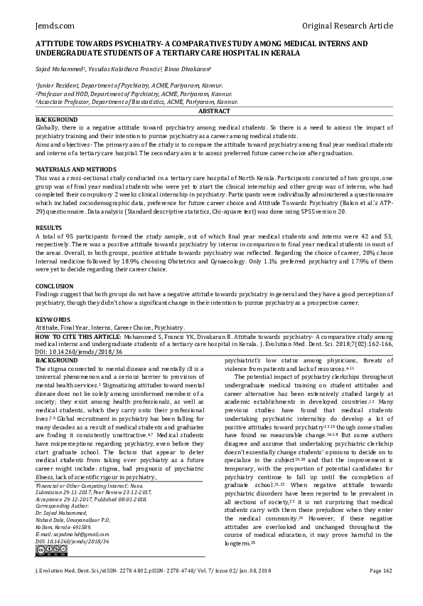 (PDF) Attitude Towards Psychiatry- a Comparative Study Among Medical ...