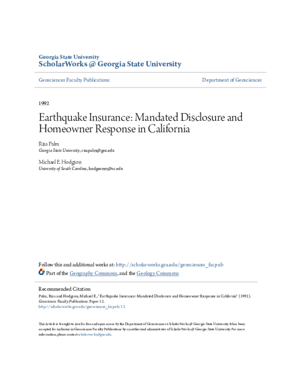 (PDF) Earthquake Insurance: Mandated Disclosure and Homeowner Response ...
