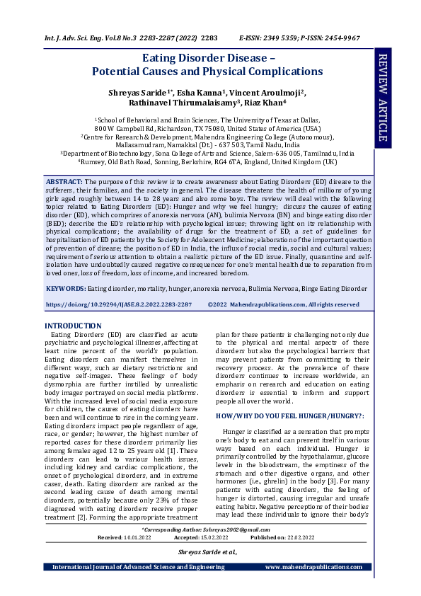 (PDF) Eating Disorder Disease -Potential Causes and Physical Complications