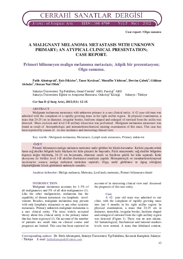 (PDF) Rare Malignant Melanoma Metastasis with Unknown Primary: Case Study