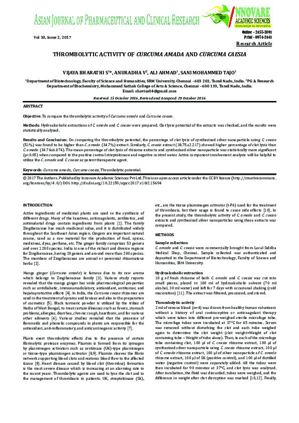 (PDF) THROMBOLYTIC ACTIVITY OF CURCUMA AMADA AND CURCUMA CAESIA