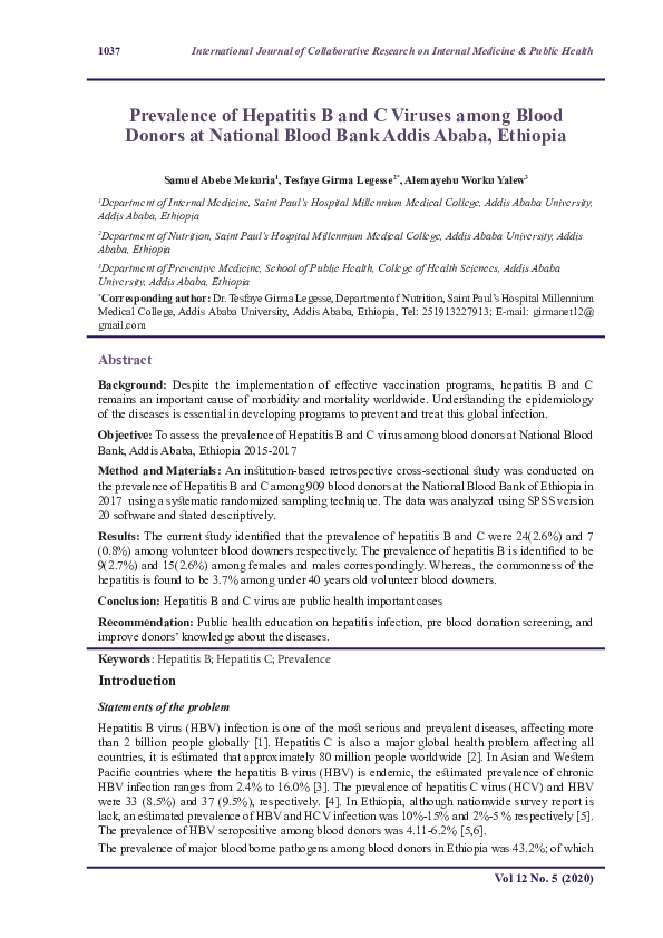 (PDF) Prevalence of Hepatitis B and C Viruses among Blood Donors at ...