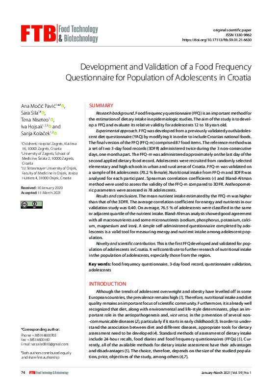 (PDF) Development and Validation of a Food Frequency Questionnaire for ...