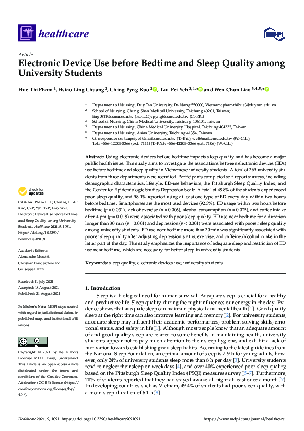 (PDF) Electronic Device Use before Bedtime and Sleep Quality among ...