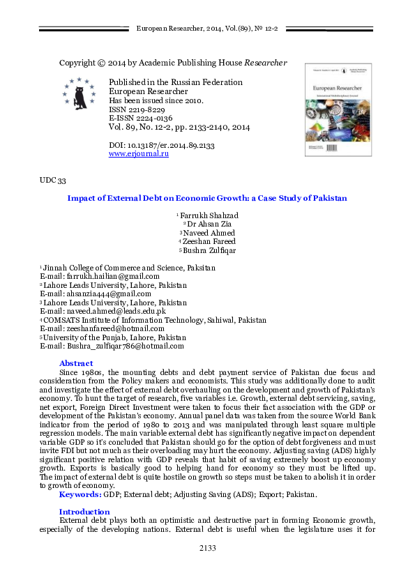 (PDF) Impact of External Debt on Economic Growth: a Case Study of Pakistan