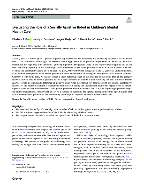 (PDF) Evaluating the Role of a Socially Assistive Robot in Children’s ...