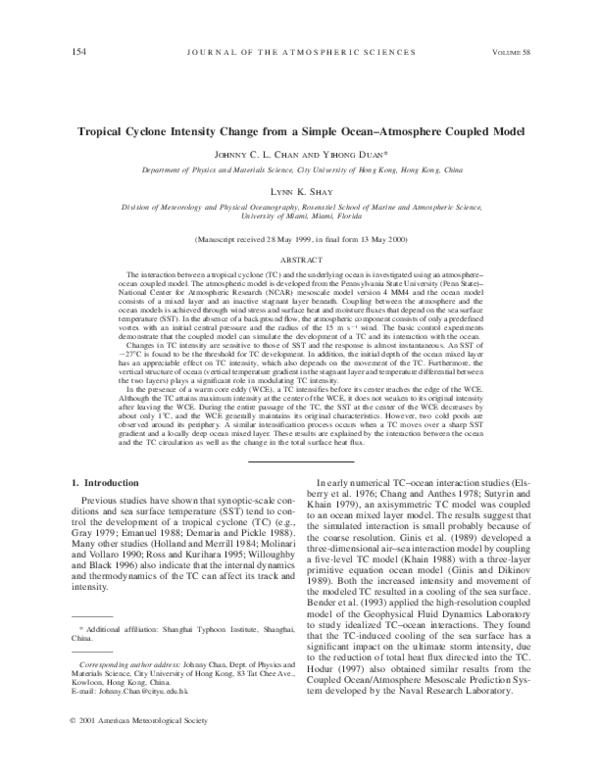 (PDF) Tropical Cyclone Intensity Change from a Simple Ocean–Atmosphere ...