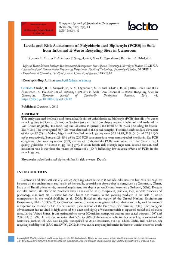 (PDF) Levels and Risk Assessment of Polychlorinated Biphenyls (PCBS) in ...