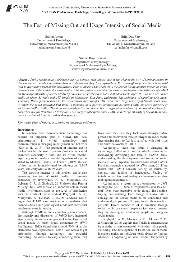 (PDF) The Fear of Missing Out and Usage Intensity of Social Media