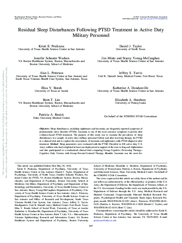 (PDF) Residual Sleep Disturbances Following PTSD Treatment in Active ...