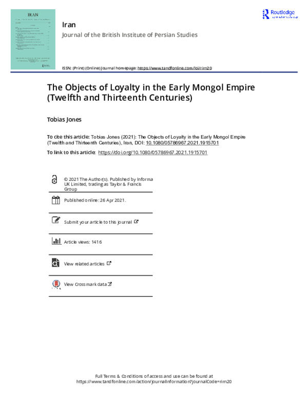 The Objects of Loyalty in the Early Mongol Empire (Twelfth and Thirteenth Centuries)