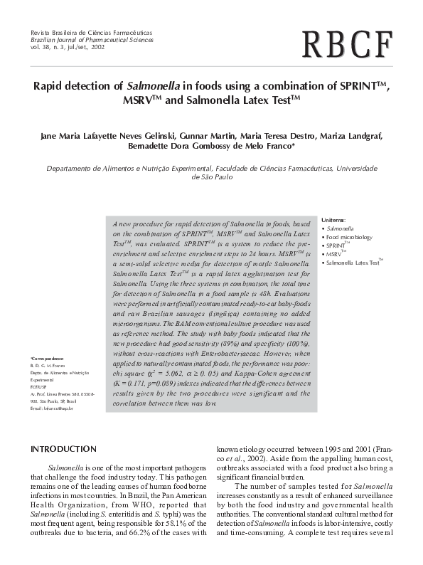 (PDF) Rapid detection of Salmonella in foods using a combination of ...