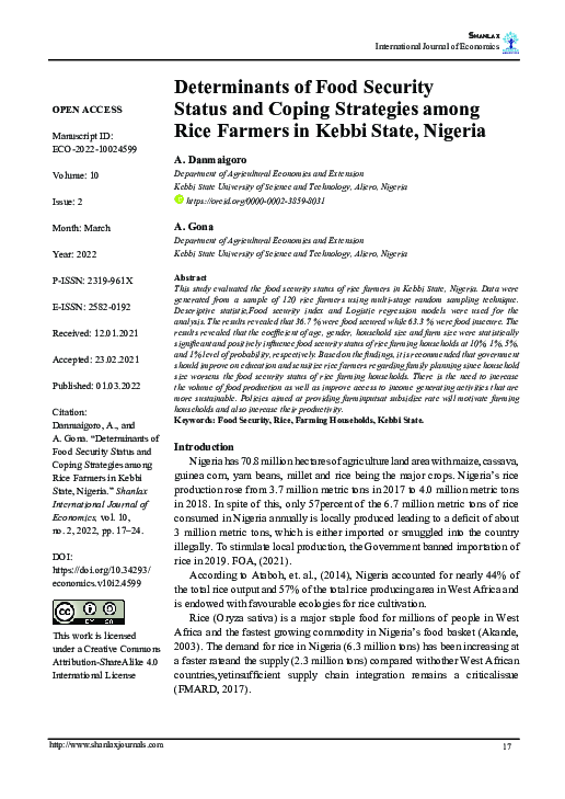 (PDF) Determinants of Food Security Status and Coping Strategies among ...