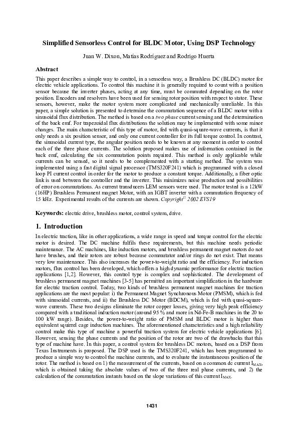 (PDF) Simplified Sensorless Control for BLDC Motor , Using DSP Technology