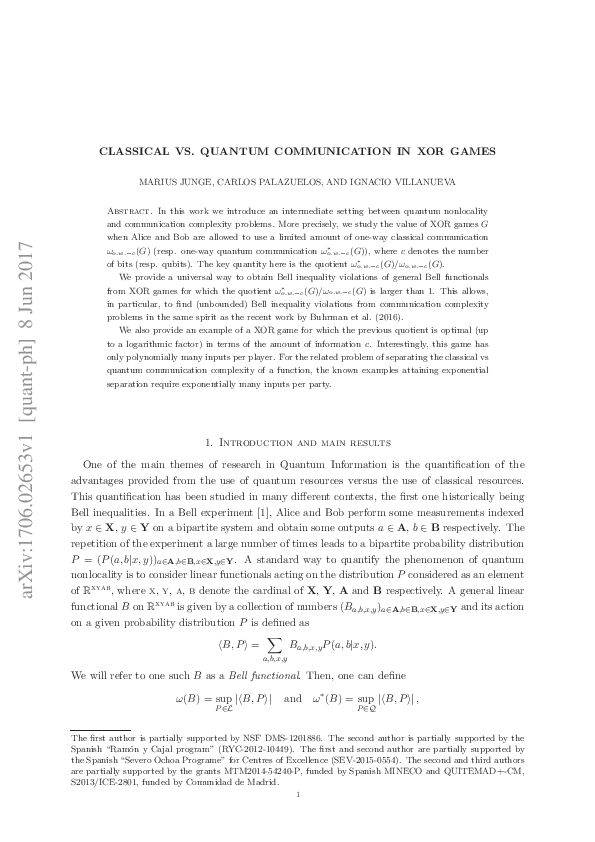 (PDF) Classical vs. quantum communication in XOR games