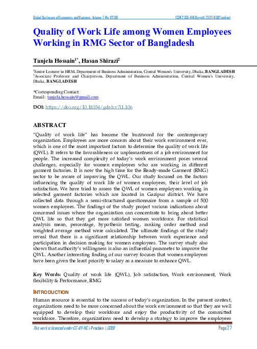 (PDF) Quality of Work Life among Women Employees Working in RMG Sector ...