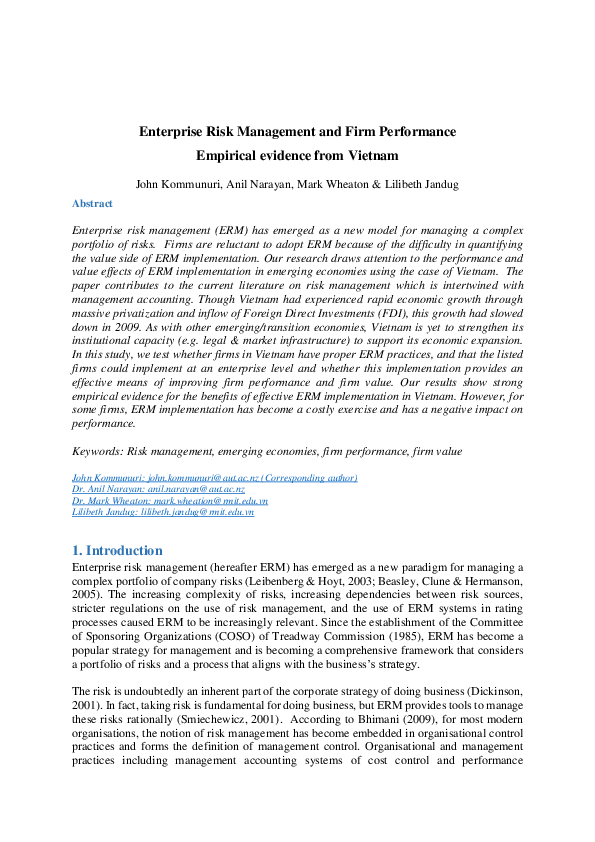(PDF) Enterprise Risk Management and Firm Performance Empirical ...