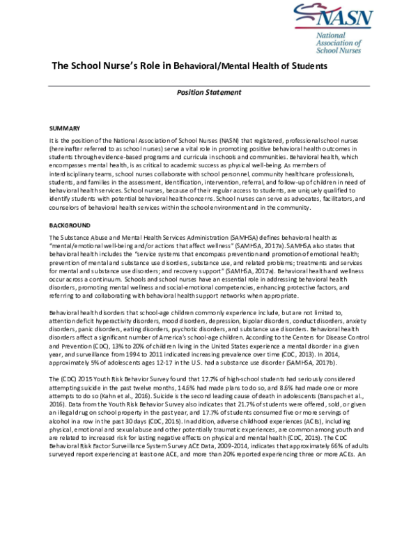 (PDF) The School Nurse’s Role in Behavioral/Mental Health of Students ...