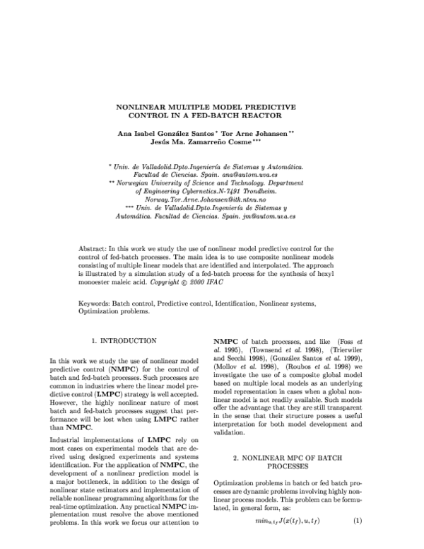 (PDF) Nonlinear Multiple Model Predictive Control in Л Fed-Batch Reactor