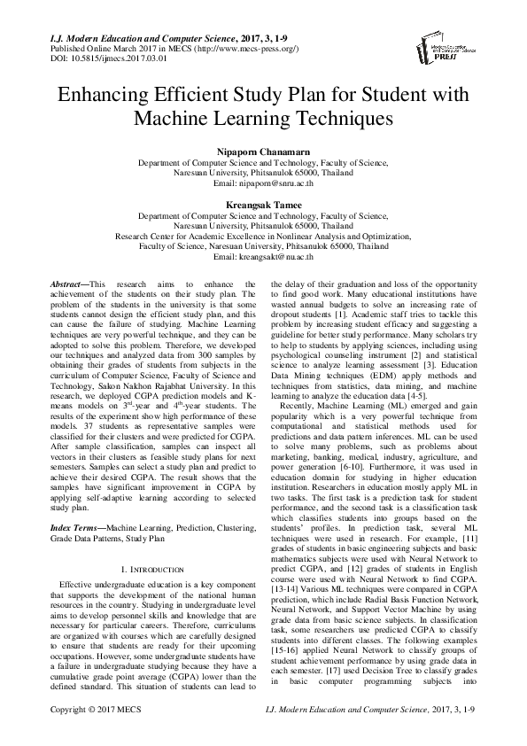 (PDF) Enhancing Efficient Study Plan for Student with Machine Learning ...