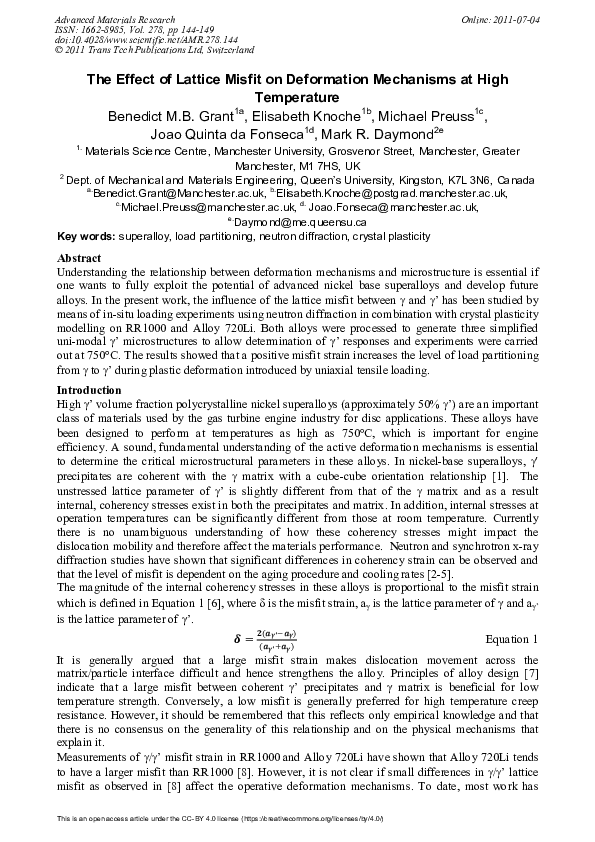 (PDF) The Effect of Lattice Misfit on Deformation Mechanisms at High ...