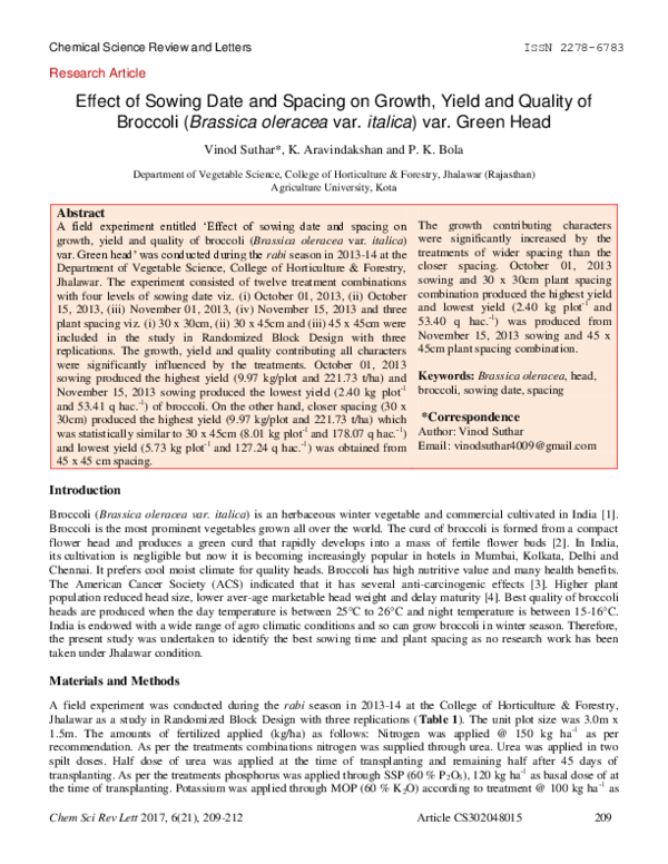 (PDF) Effect of Sowing Date and Spacing on Growth , Yield and Quality ...