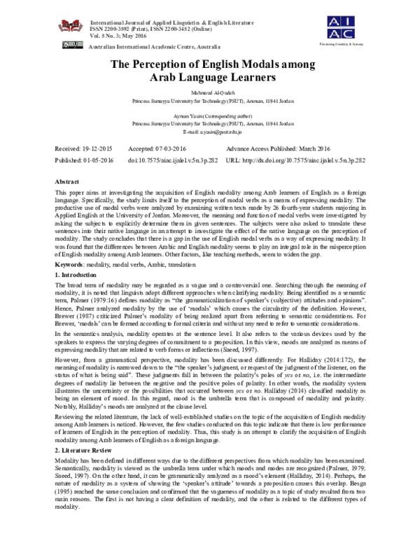 (PDF) The Perception of English Modals among Arab Language Learners