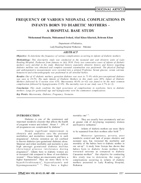 (PDF) Frequency of Various Neonatal Complications in Infants Born to ...