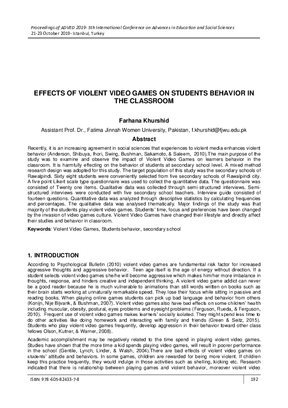 (PDF) Effects of Violent Video Games on Students Behavior in the Classroom