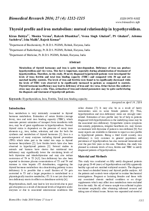 (PDF) Thyroid profile and iron metabolism: mutual relationship in ...