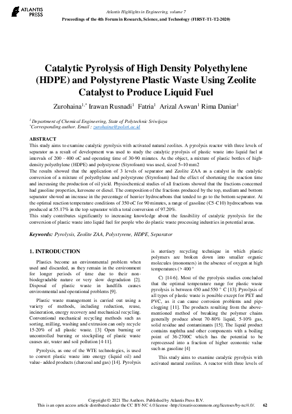 (PDF) Catalytic Pyrolysis of High Density Polyethylene (HDPE) and ...