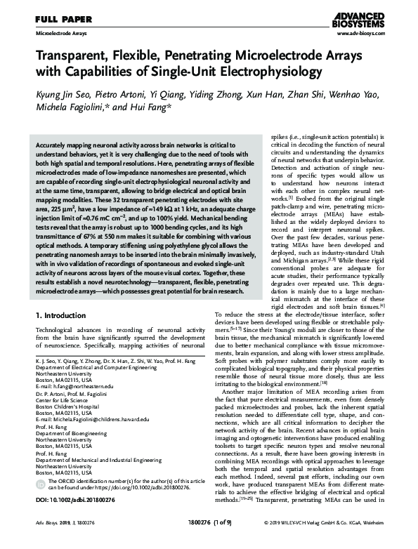 (PDF) Transparent, Flexible, Penetrating Microelectrode Arrays with ...