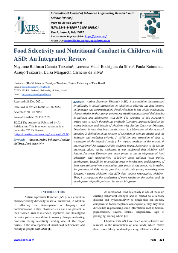 (PDF) Food Selectivity and Nutritional Conduct in Children with ASD: An ...