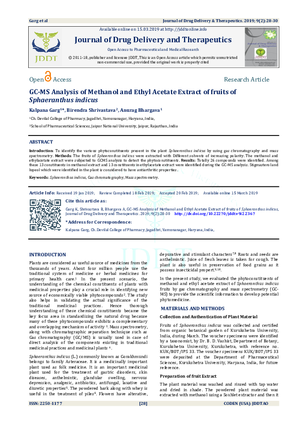 (PDF) GC-MS Analysis of Methanol and Ethyl Acetate Extract of fruits of ...