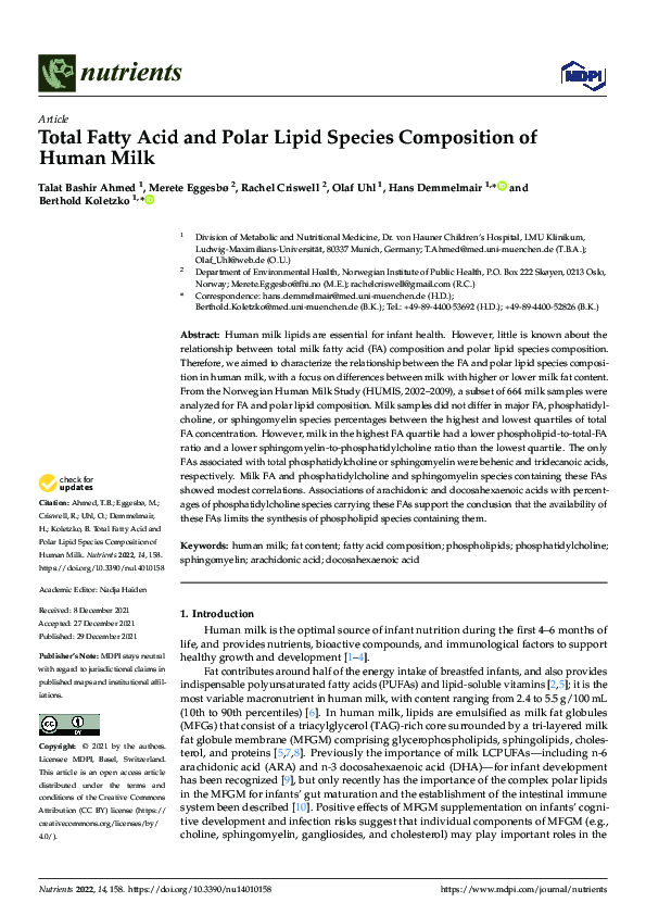 (PDF) Total Fatty Acid and Polar Lipid Species Composition of Human Milk