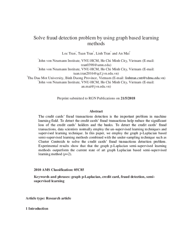 (PDF) Solve fraud detection problem by using graph based learning methods
