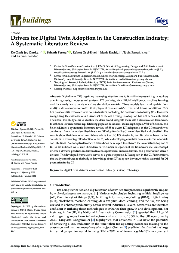 (PDF) Drivers for Digital Twin Adoption in the Construction Industry: A ...
