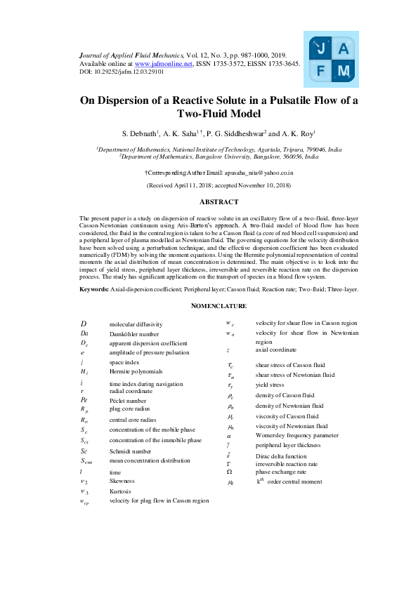 (PDF) On Dispersion of a Reactive Solute in a Pulsatile Flow of a Two ...