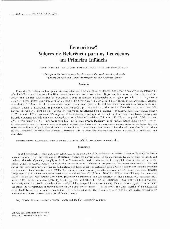  PDF Leucocitose Valores De Refer ncia Para Os Leuc citos Na Primeira 