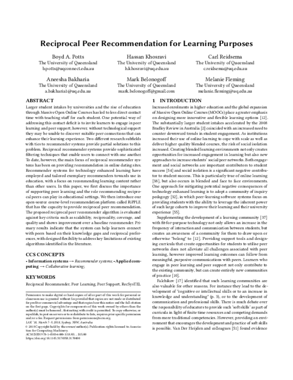 (PDF) Reciprocal peer recommendation for learning purposes
