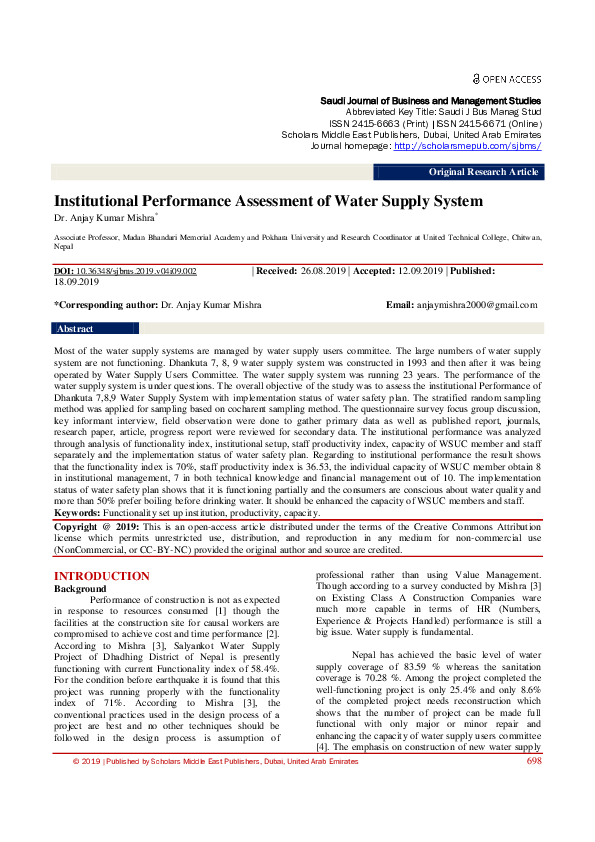 (PDF) Institutional Performance Assessment of Water Supply System