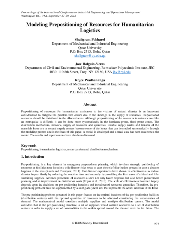 (PDF) Modeling prepositioning of resources for humanitarian logistics