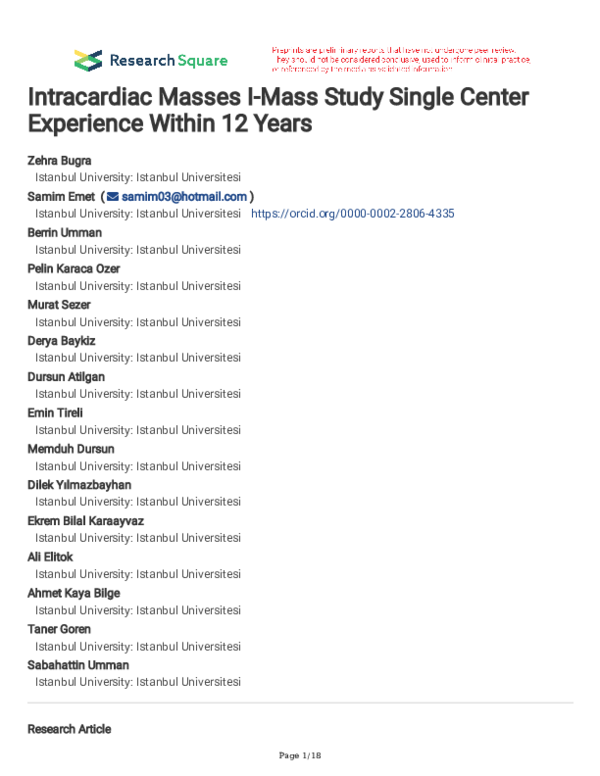 (PDF) Intracardiac Masses I-Mass Study Single Center Experience Within ...